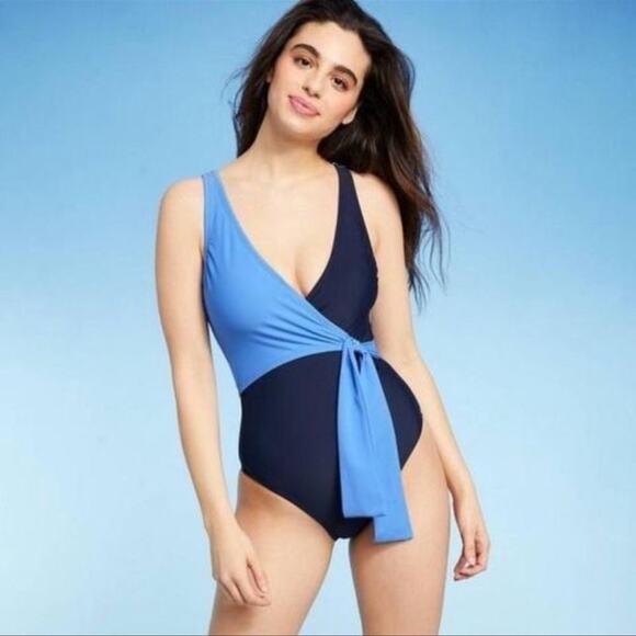 Kona Sol Blue Colorblock Wrap Front One-Piece Swimsuit Small NWT - Picture 1 of 12
